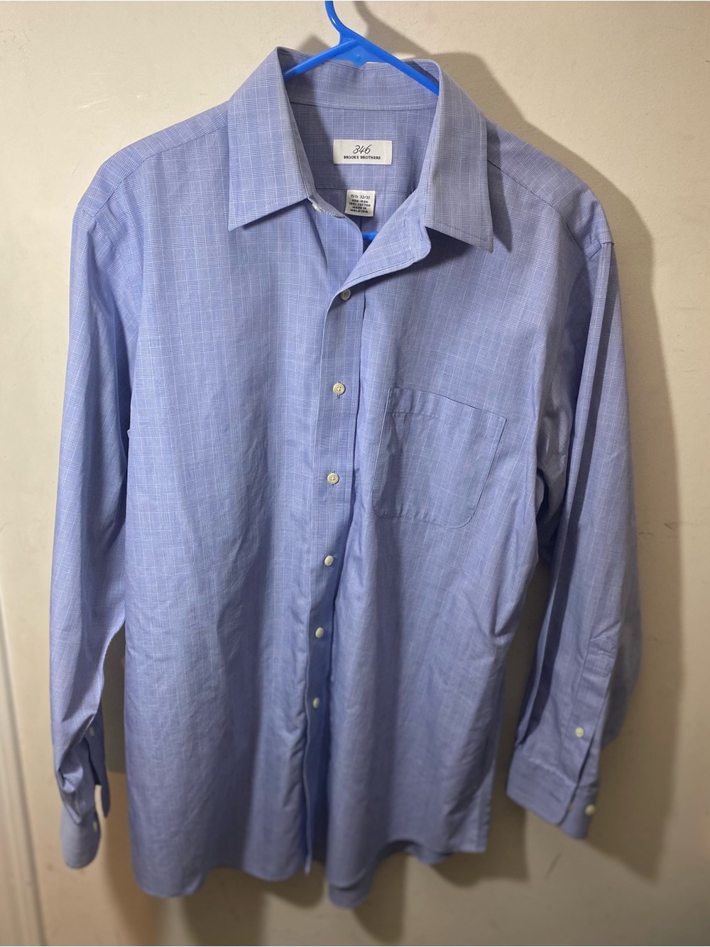 Brooks Brothers 346 Size 15 1/2-32-33 Light Blue Windowpane Dress Shirt - Men's